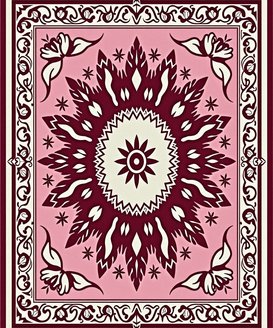 Pink Crimson Floral Medallion Border Rug