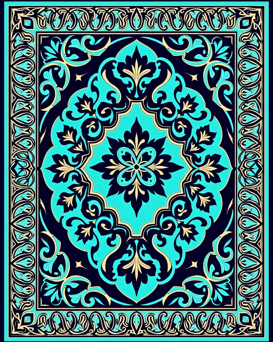 Deep Aqua Golden Floral Medallion Rug