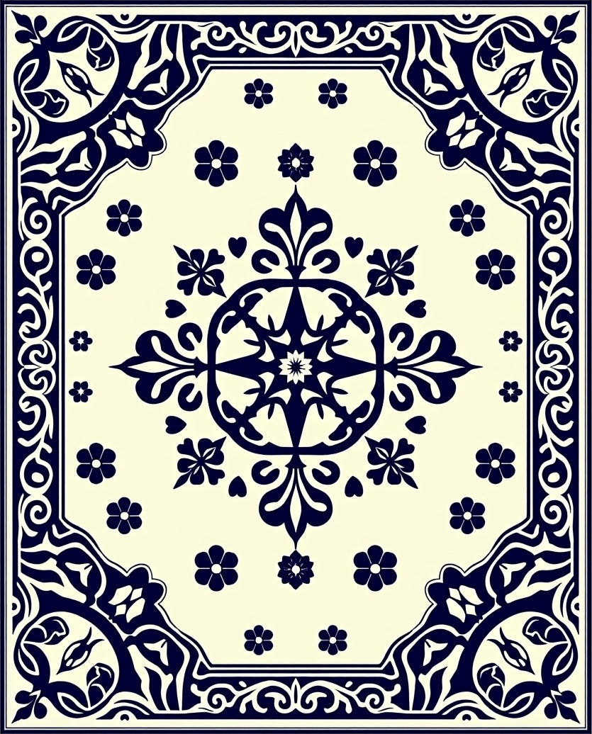 Navy Floral Medallion Cream Border Rug
