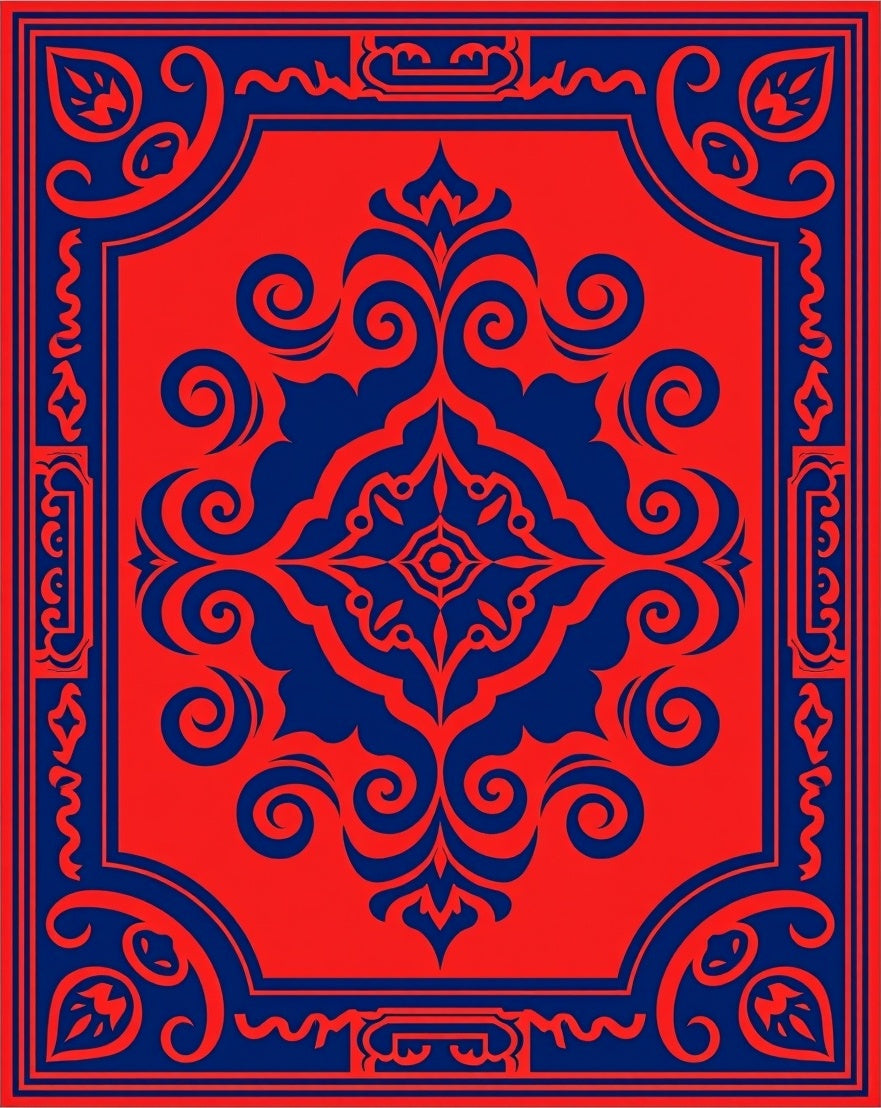 Crimson Navy Floral Medallion Border Rug