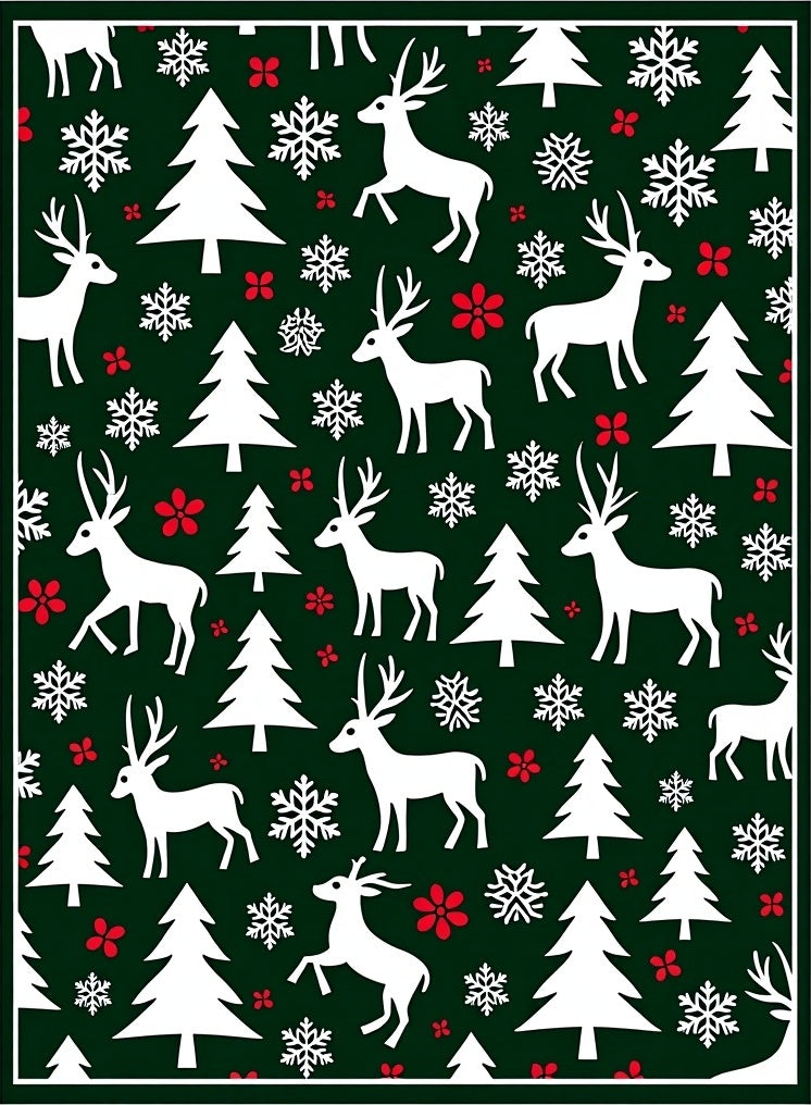 Festive Green White Reindeer Snowflakes Sprigs Rug