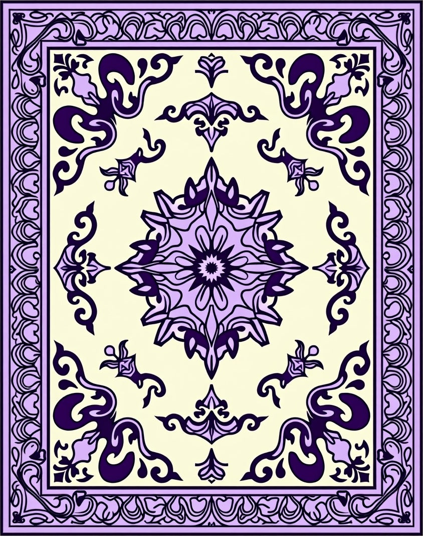 Lilac Floral Medallion Cream Border Rug