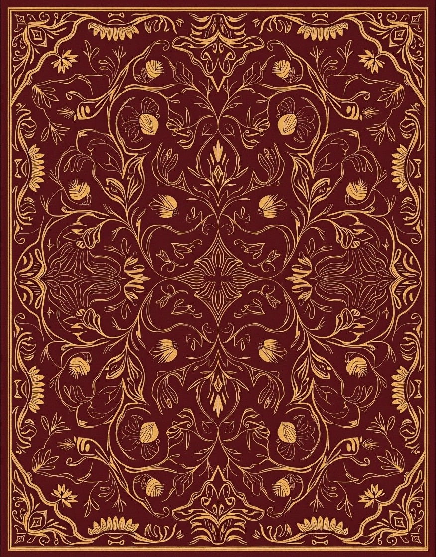 Rich Crimson Golden Floral Vine Rug