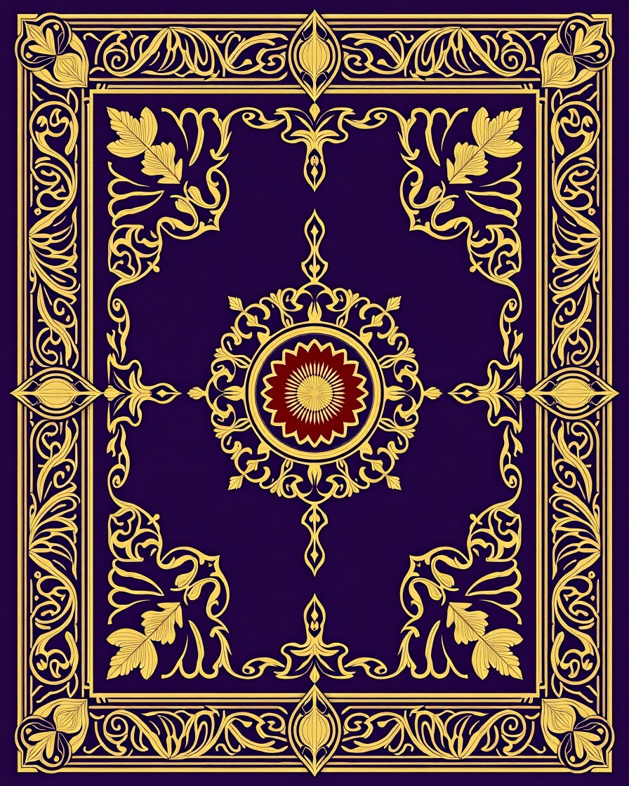 Deep Indigo Gold Floral Medallion Border Rug