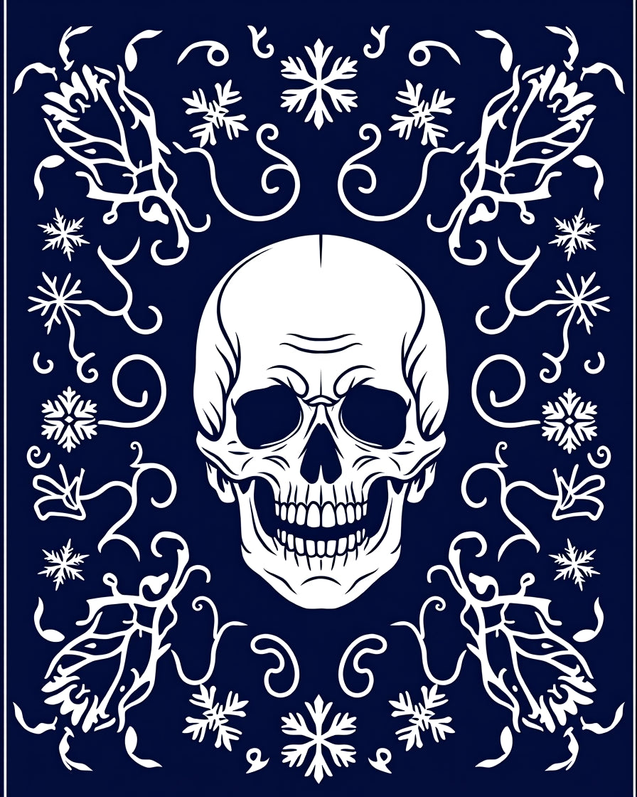 Dark Blue White Skull Floral Snowflake Rug