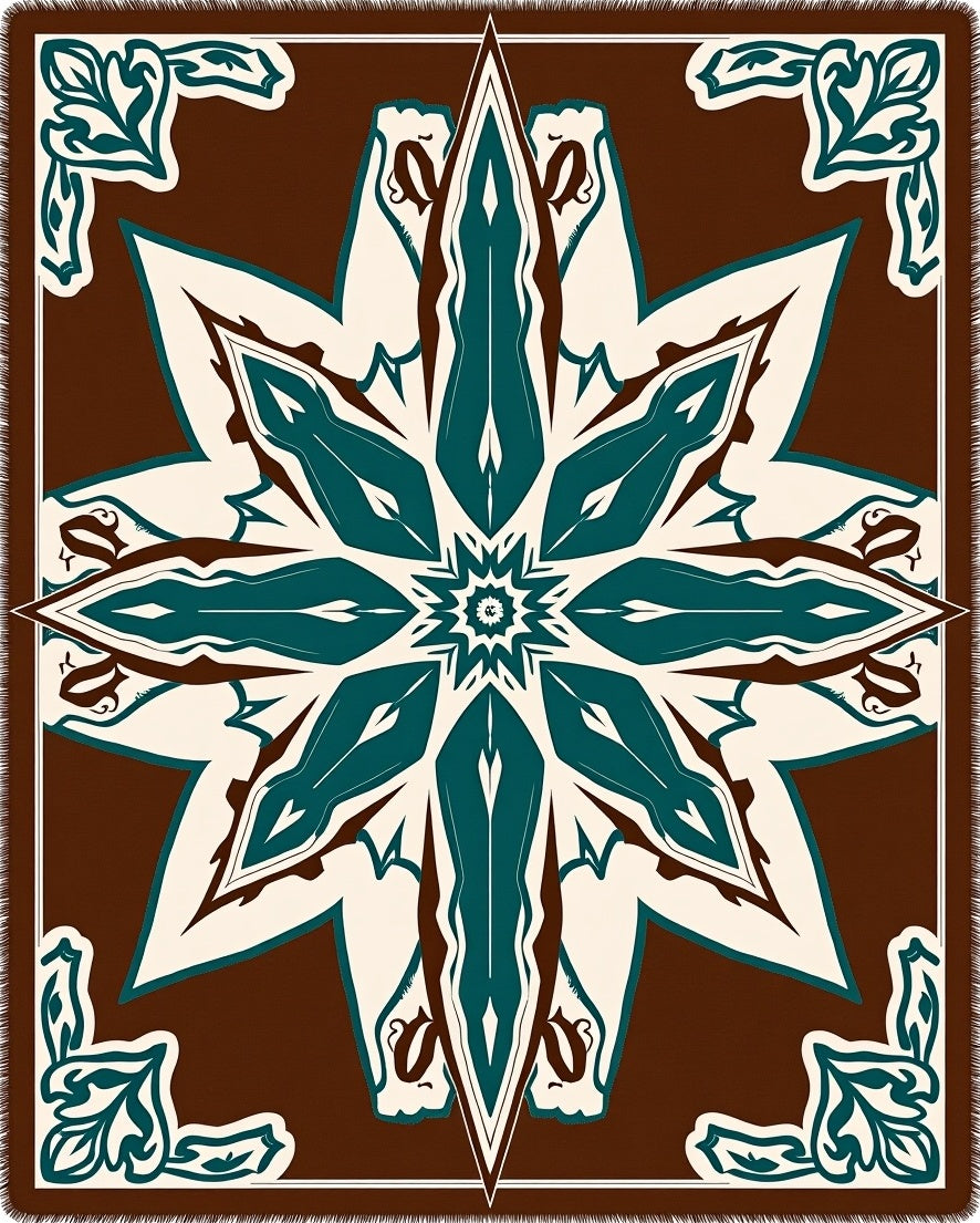 Dark Brown Teal Floral Medallion Rug
