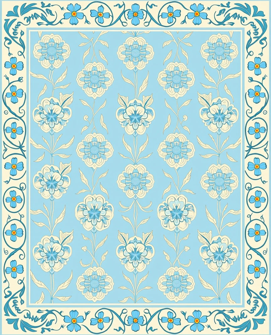 Light Blue Floral Medallion Border Rug