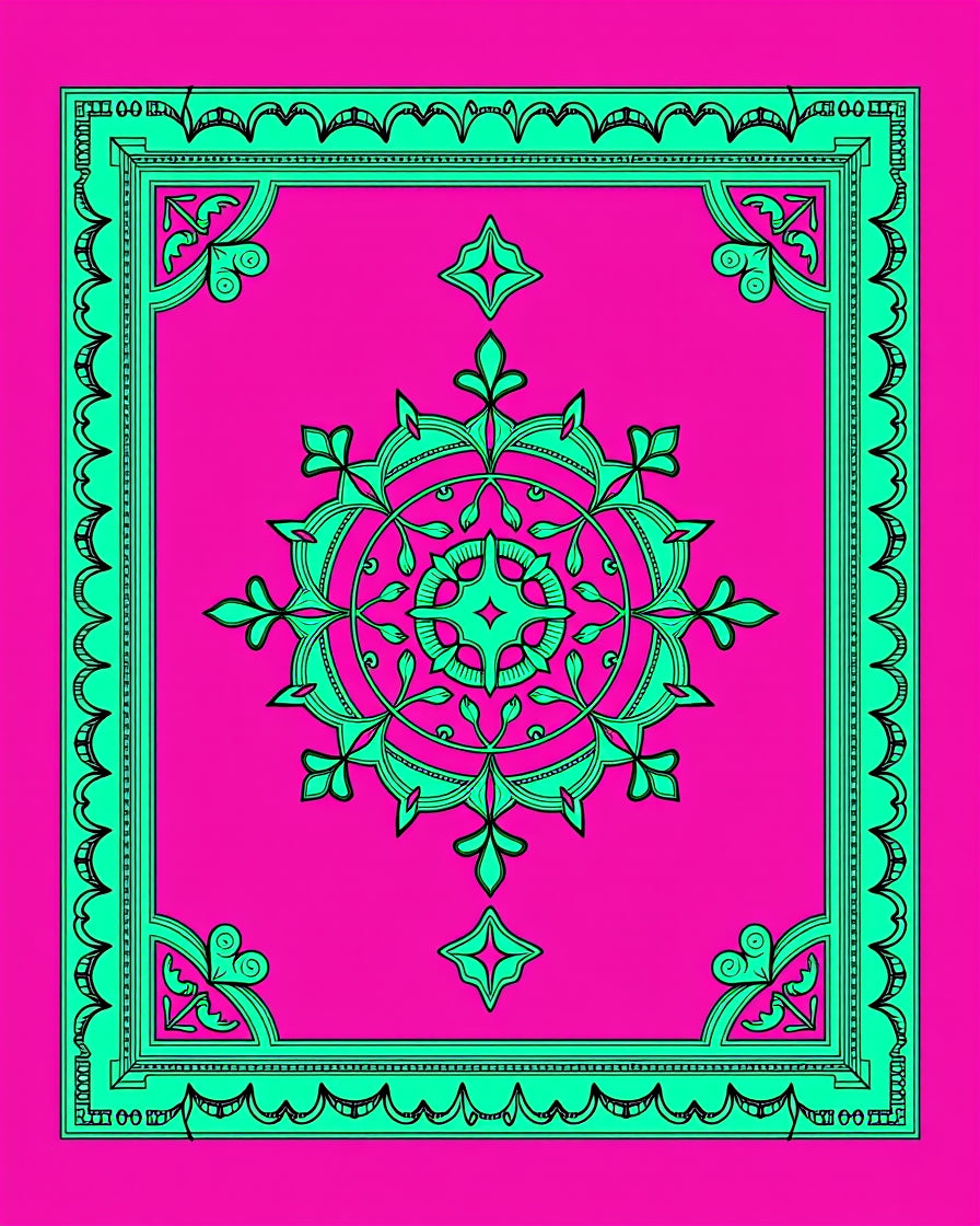 Vibrant Pink Teal Medallion Frame Rug