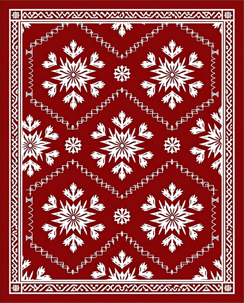 Crimson Snowflake Medallion Border Rug