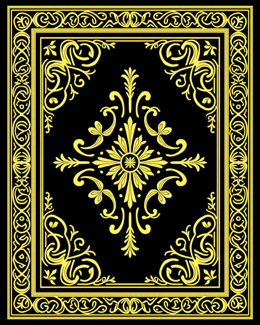 Golden Black Ornate Medallion Frame Rug