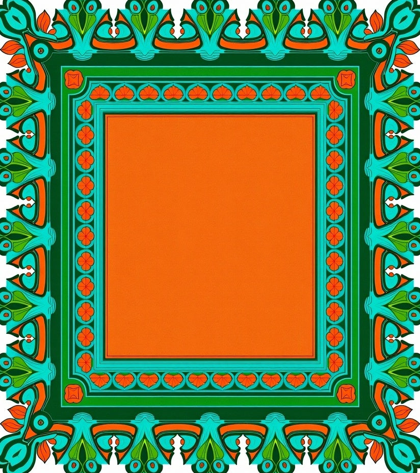 Bold Orange Teal Border Medallion Rug