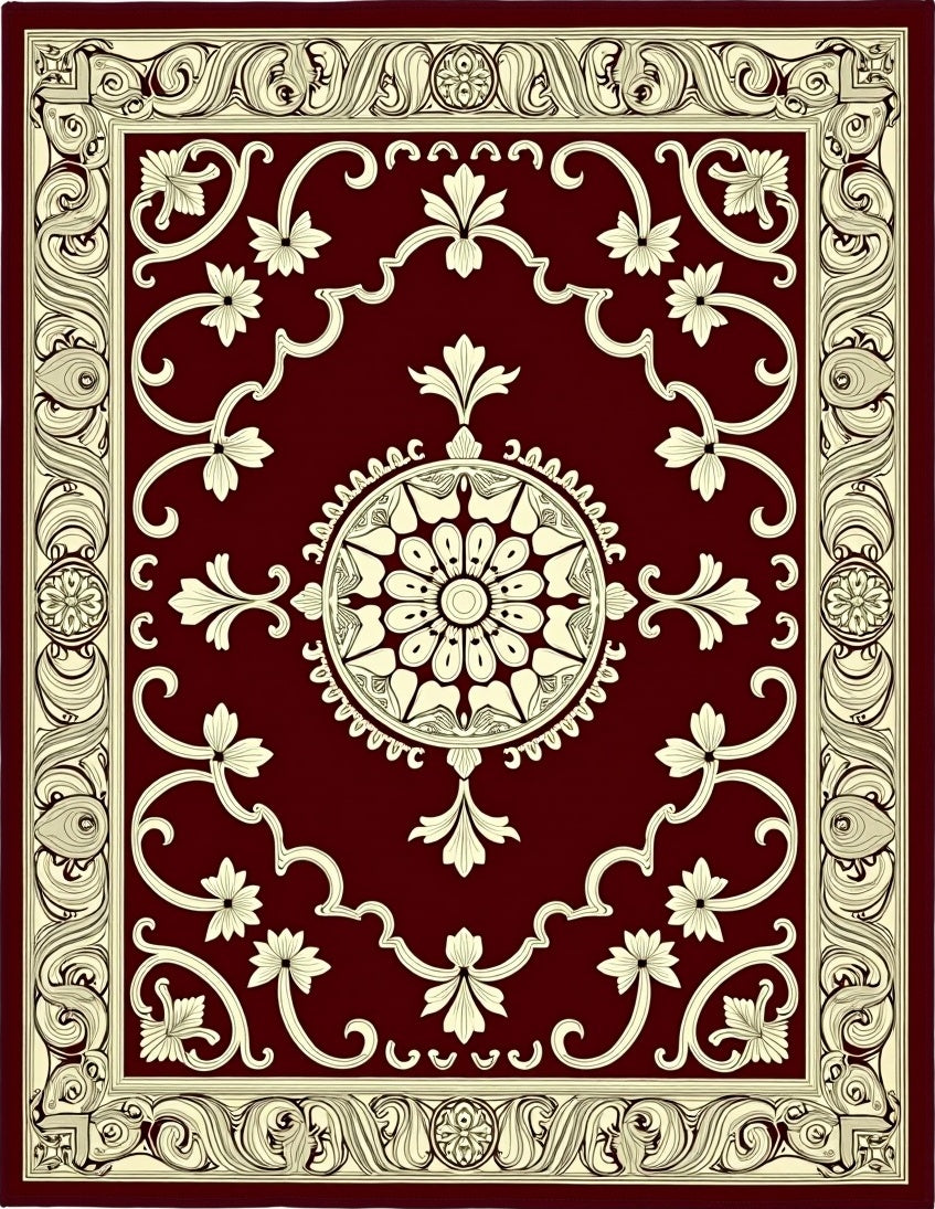 Crimson Ivory Floral Vine Medallion Rug