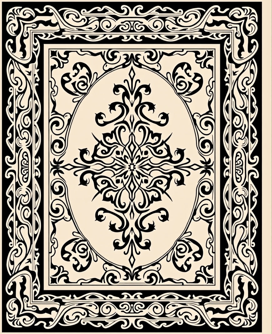 Ornate Black Cream Scrollwork Medallion Rug