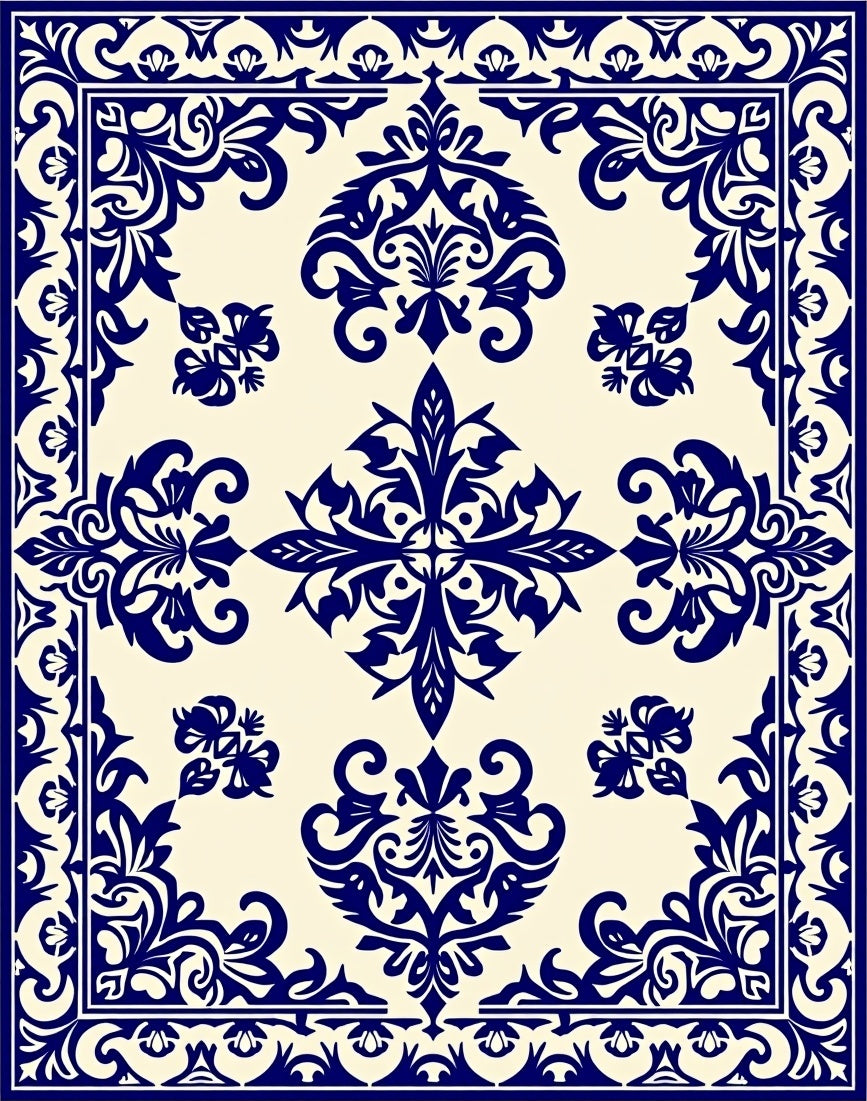 Navy Blue Damask Flourish Border Rug