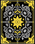 Black Yellow White Floral Medallion Scrollwork Rug
