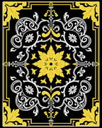 Black Yellow White Floral Medallion Scrollwork Rug