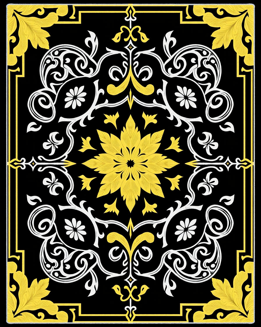 Black Yellow White Floral Medallion Scrollwork Rug