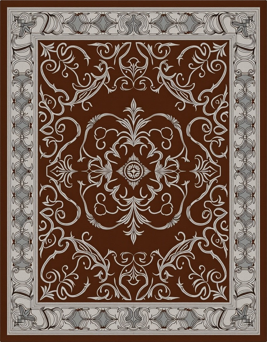 Ornate Brown and Beige Floral Scroll Rug