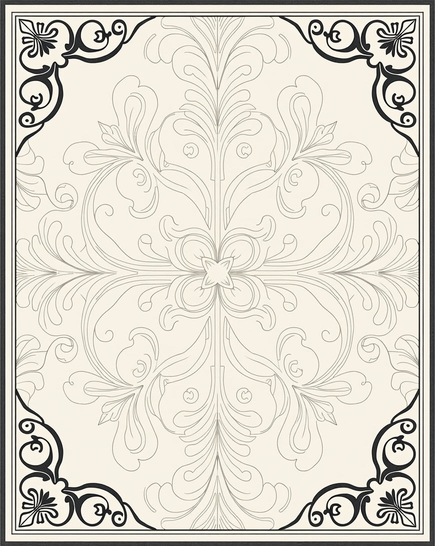 Cream and Black Scrollwork Floral Rug