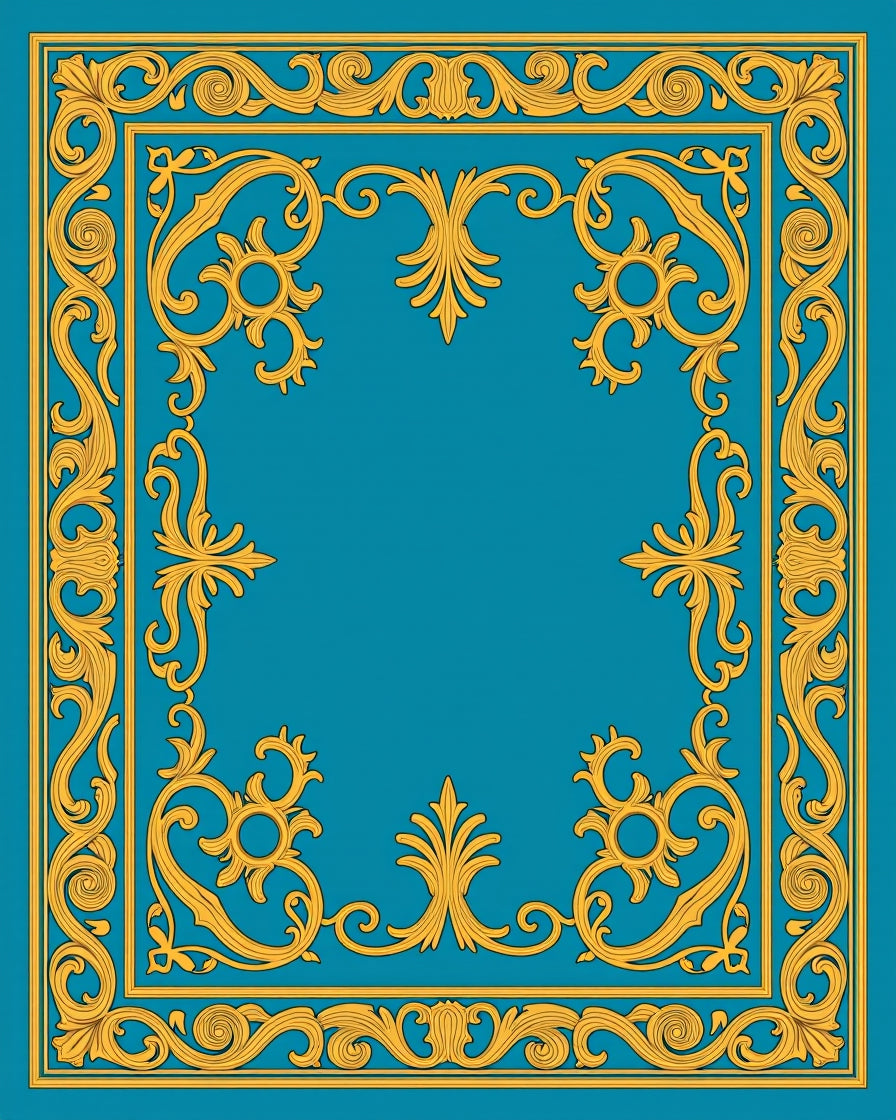 Gold Ornate Border Teal Rug