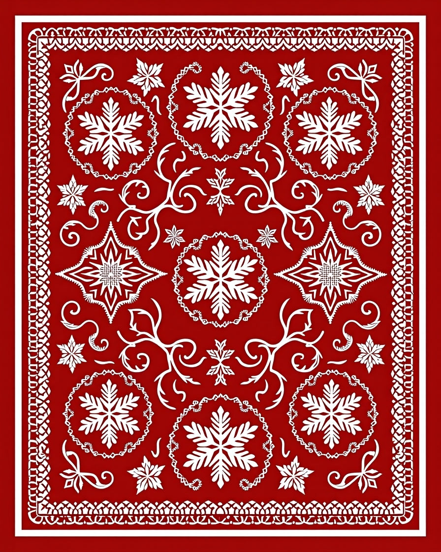 Crimson White Snowflake Lace Medallion Rug