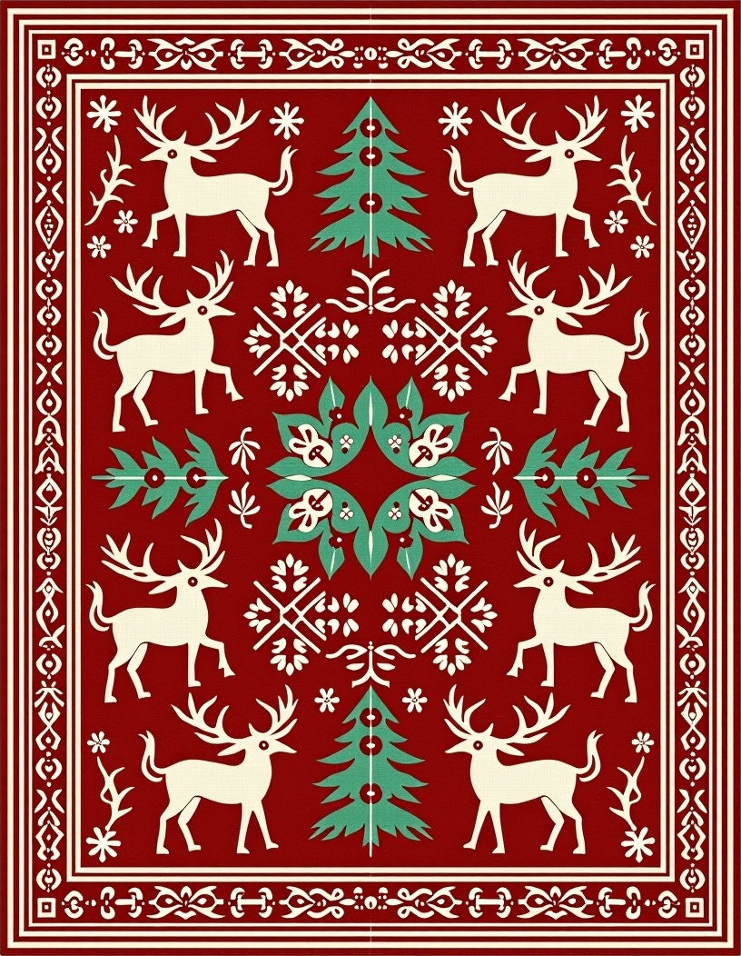Cream Deer And Teal Evergreen Holiday Rug