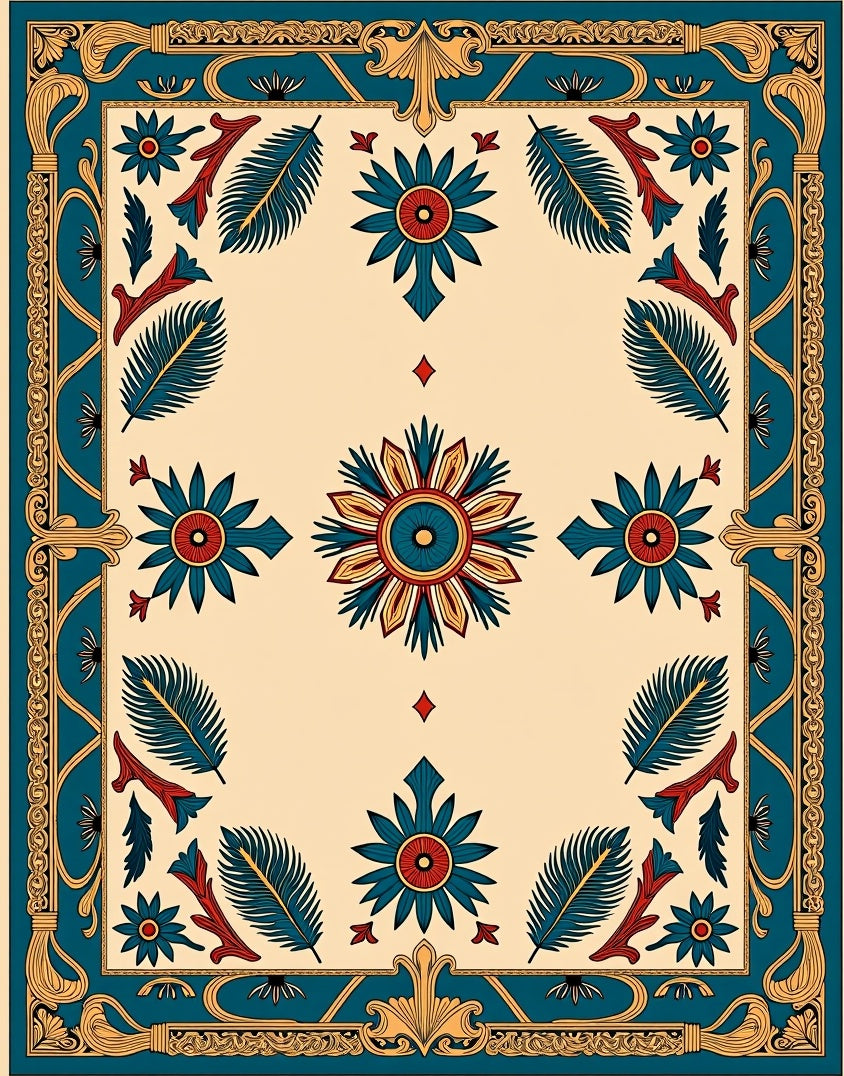 Teal Crimson Floral Sunburst Border Rug