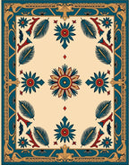 Teal Crimson Floral Sunburst Border Rug