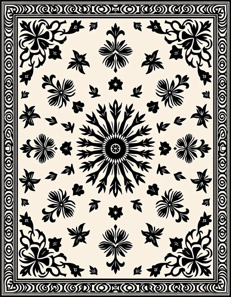 Black Floral Medallion Ivory Border Rug