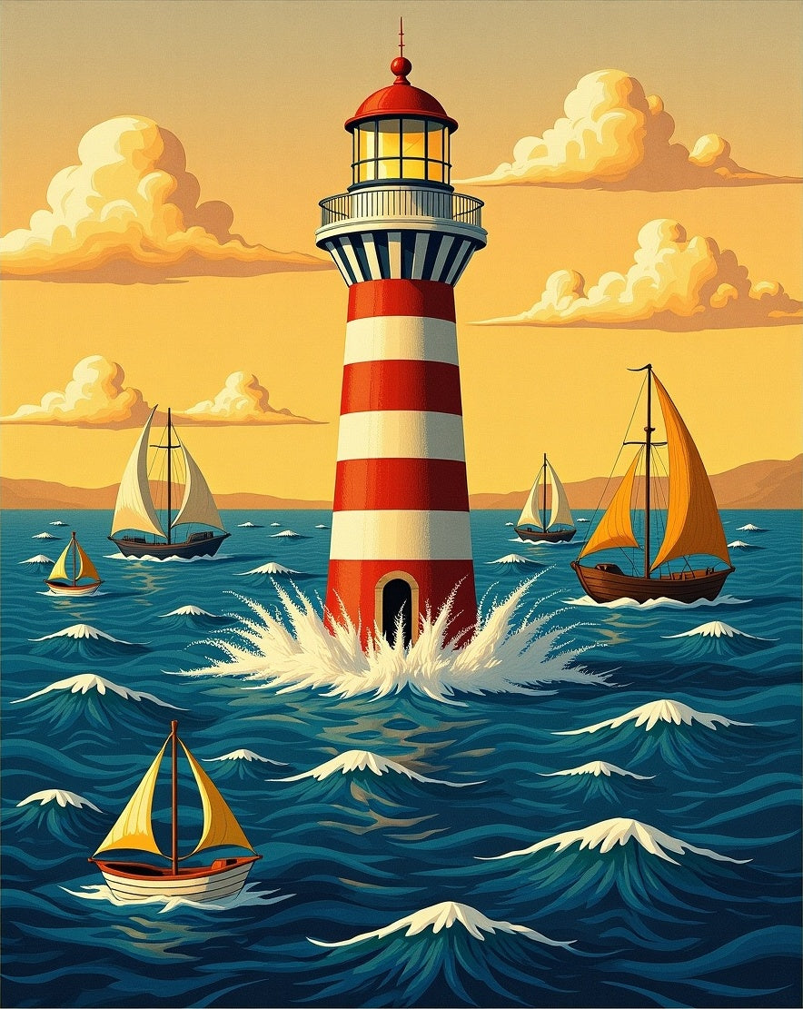 Coastal Lighthouse Sailboat Wave Scene Rug