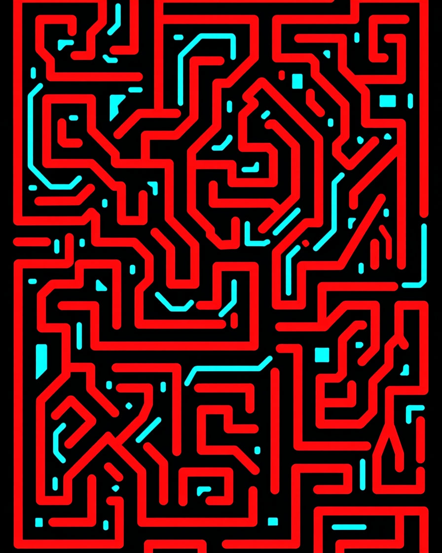 Red Blue Circuit Board Maze Rug