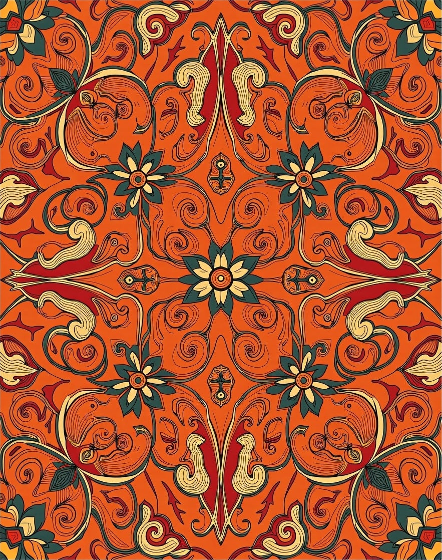 Ornate Orange Floral Swirl Medallion Rug