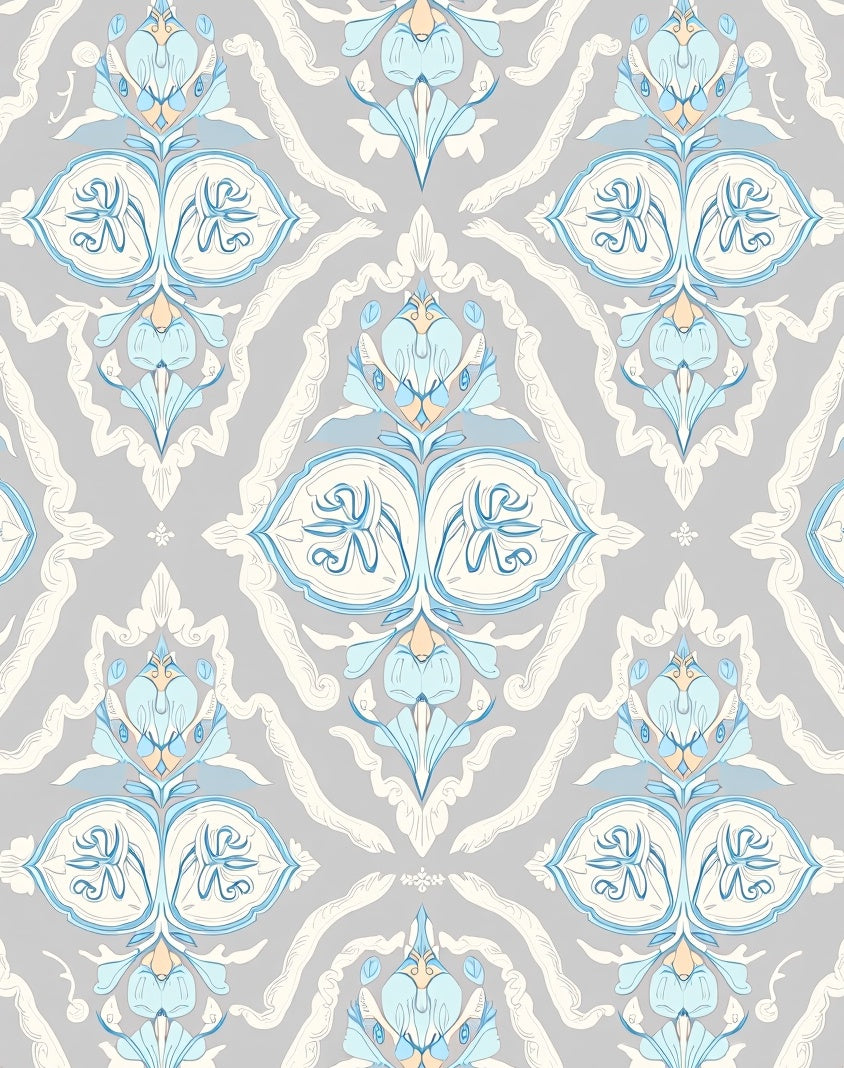 Light Gray Blue Floral Damask Rug