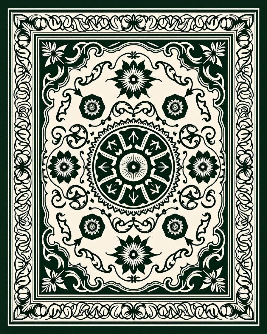 Dark Green Cream Floral Medallion Rug