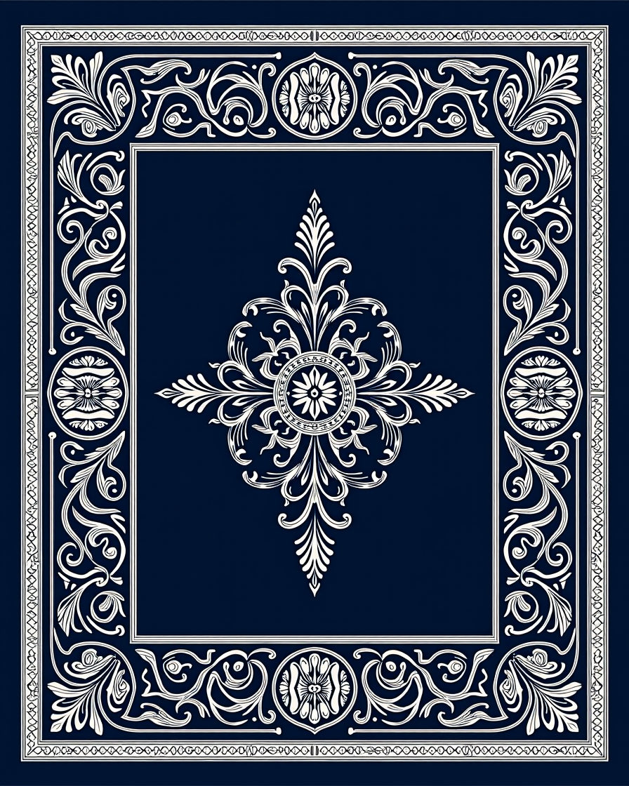 Navy White Intricate Floral Medallion Rug