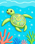 Whimsical Green Turtle Ocean Swirls Rug