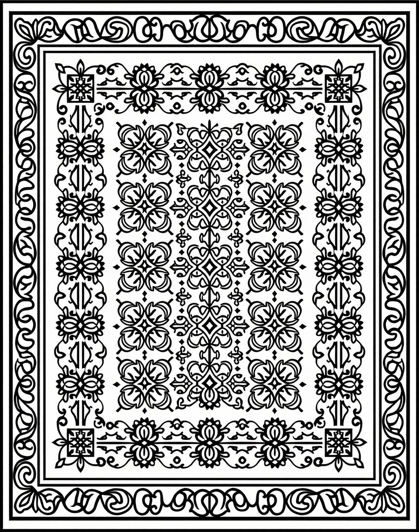 Intricate Black White Scrollwork Medallion Rug