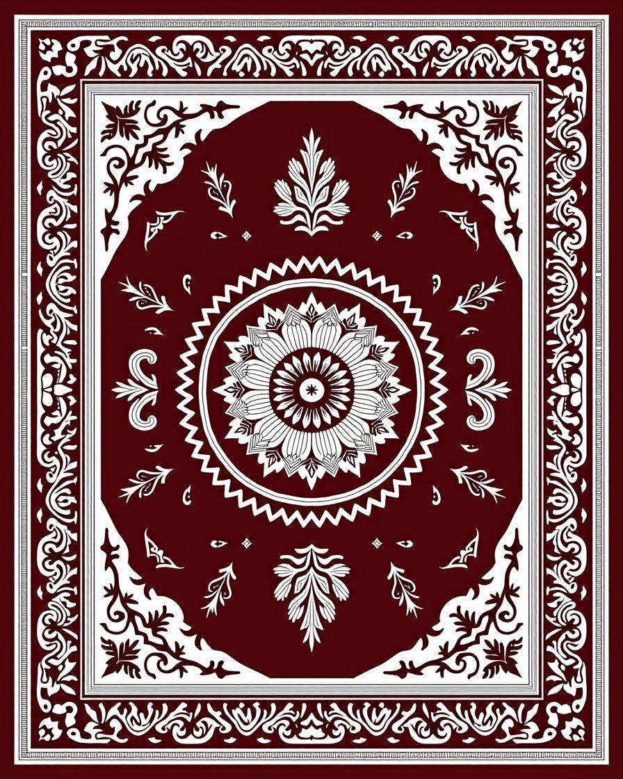 Rich Crimson Floral Medallion Border Rug