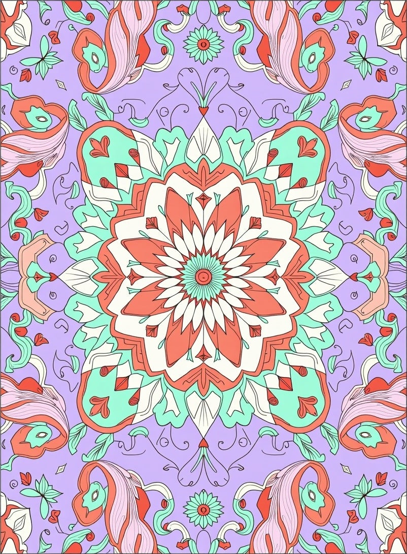 Coral Teal Lavender Floral Mandala Rug