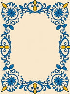 Blue Yellow Floral Leaf Swirl Border Rug