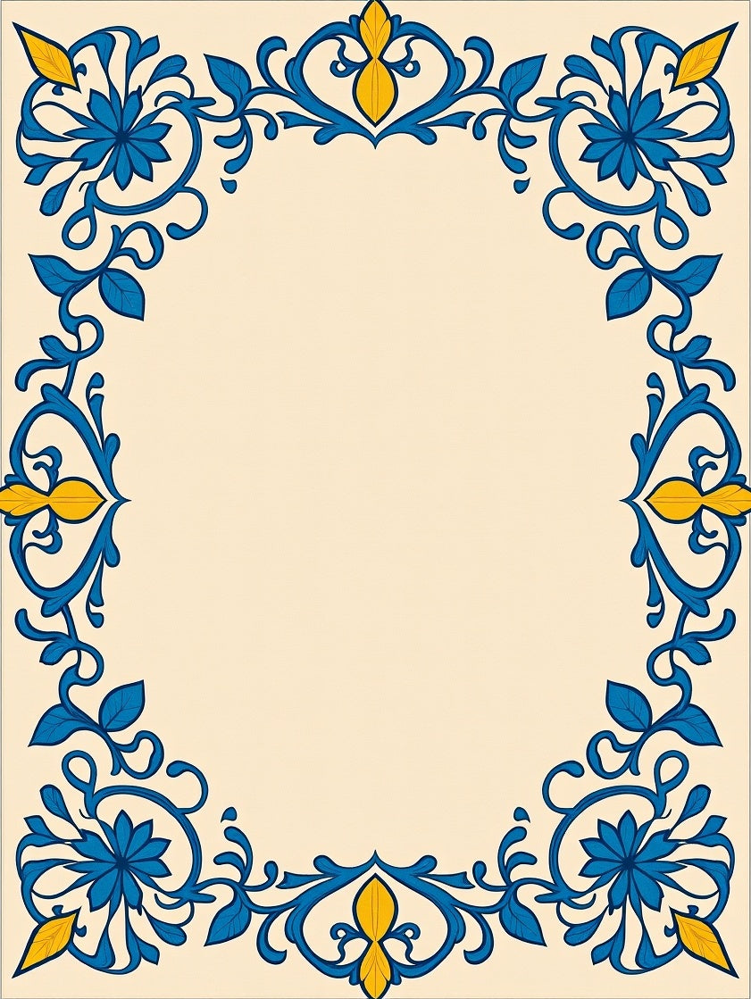 Blue Yellow Floral Leaf Swirl Border Rug