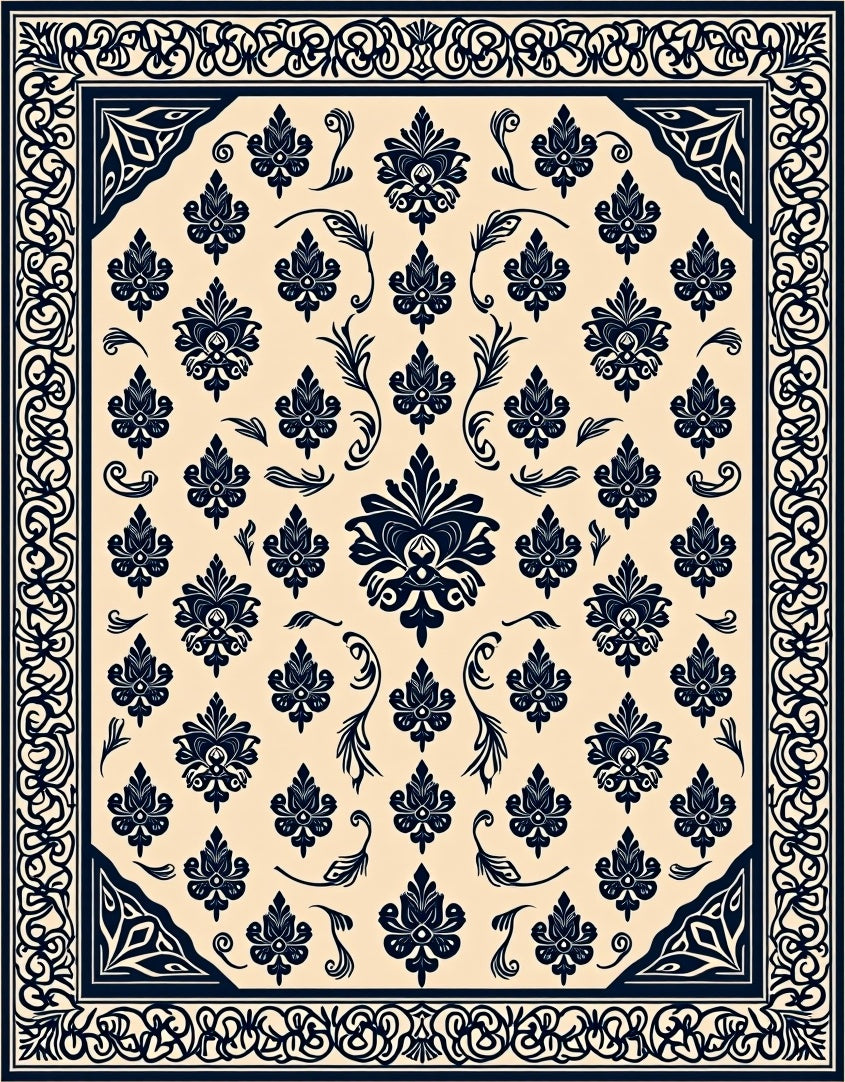 Navy Cream Damask Floral Medallion Rug