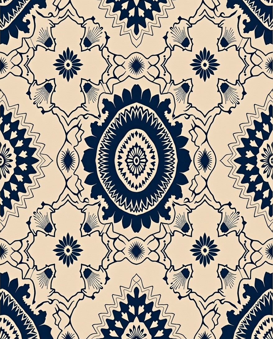Navy Blue Medallion Floral Cream Rug