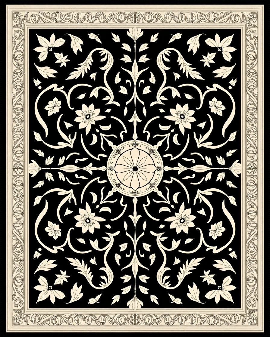 Art Nouveau Black Cream Floral Scroll Rug