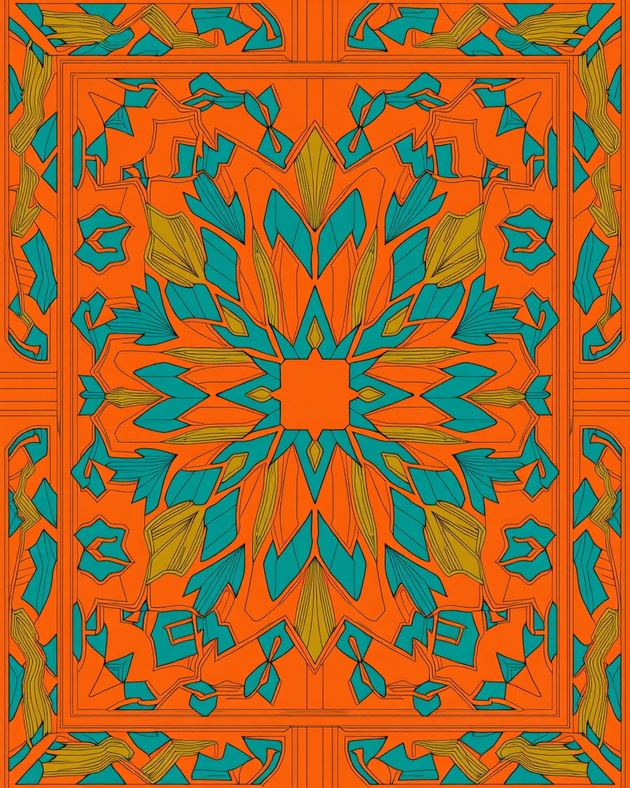 Vibrant Teal Orange Geometric Starburst Rug