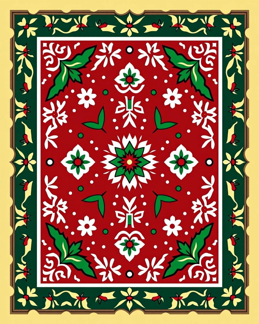 Rich Red White Green Floral Medallion Rug