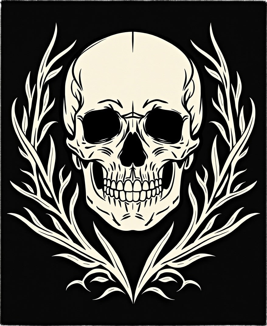 Ivory Skull Laurel Wreath Black Rug