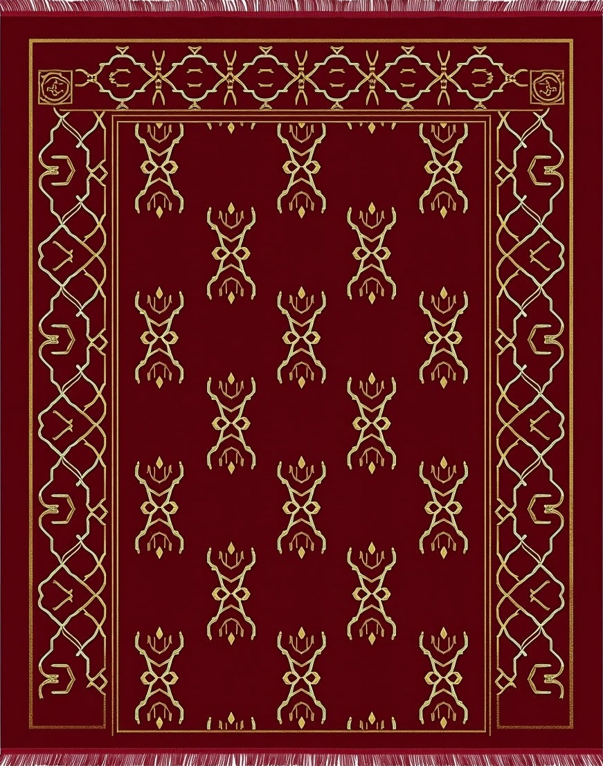 Deep Red Golden Ornate Lattice Rug