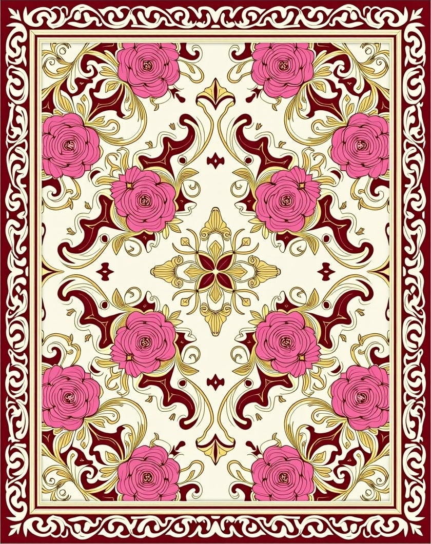 Crimson Rose Floral Scroll Medallion Rug