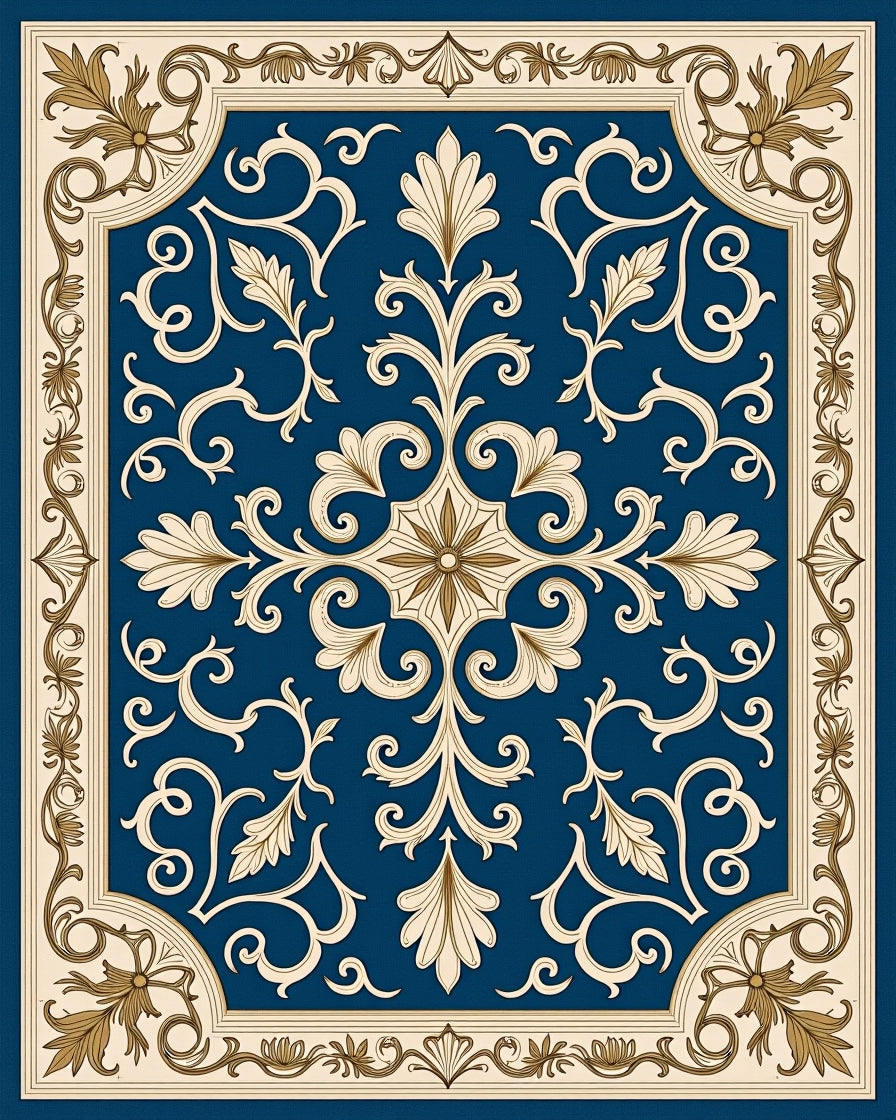 Regal Blue Gold Baroque Scroll Rug